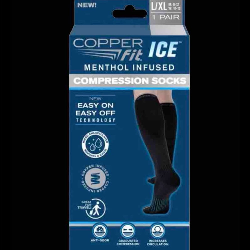 Copper Fit Ice Menthol Infused Compression Socks Black Size. L/XL Unisex